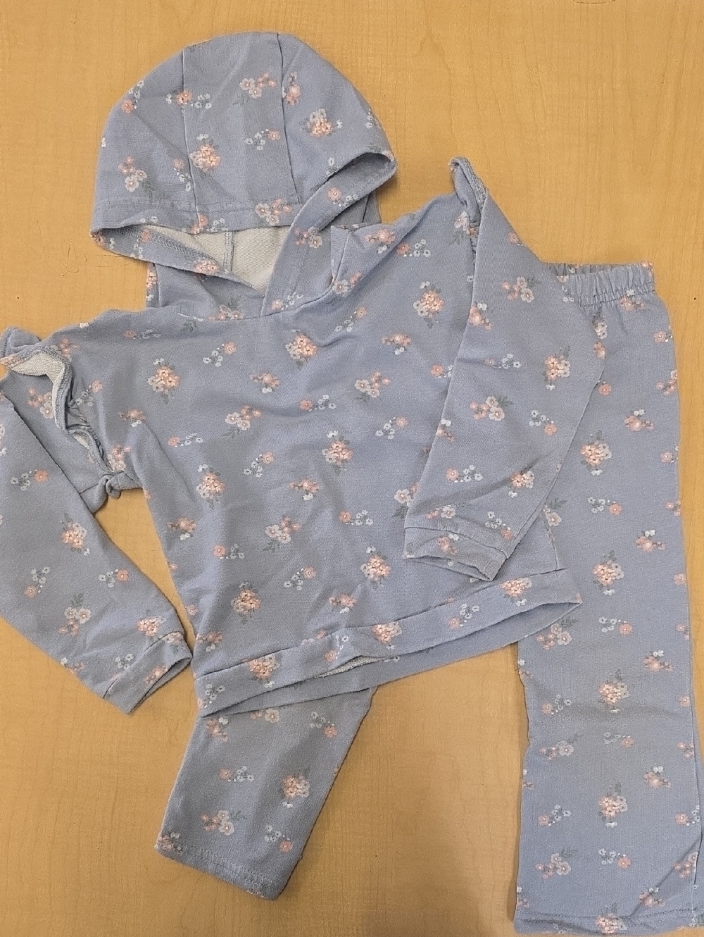 Girls Hooded Floral Matching Set in Dusty Blue